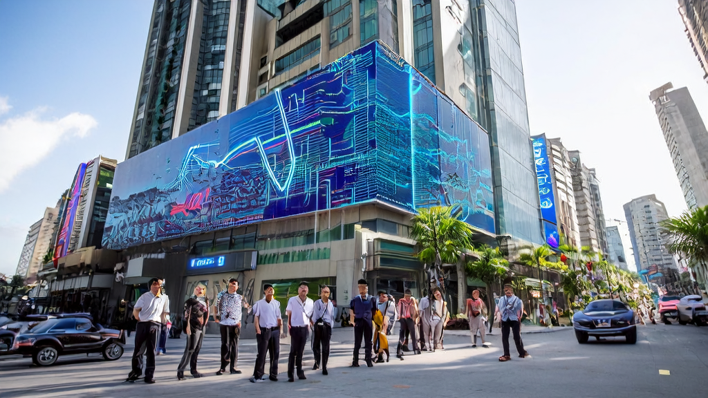 东南亚市场中一家科技公司前，年轻创业者们讨论AI获客技术，阳光洒在他们身上，象征着充满希望的未来。