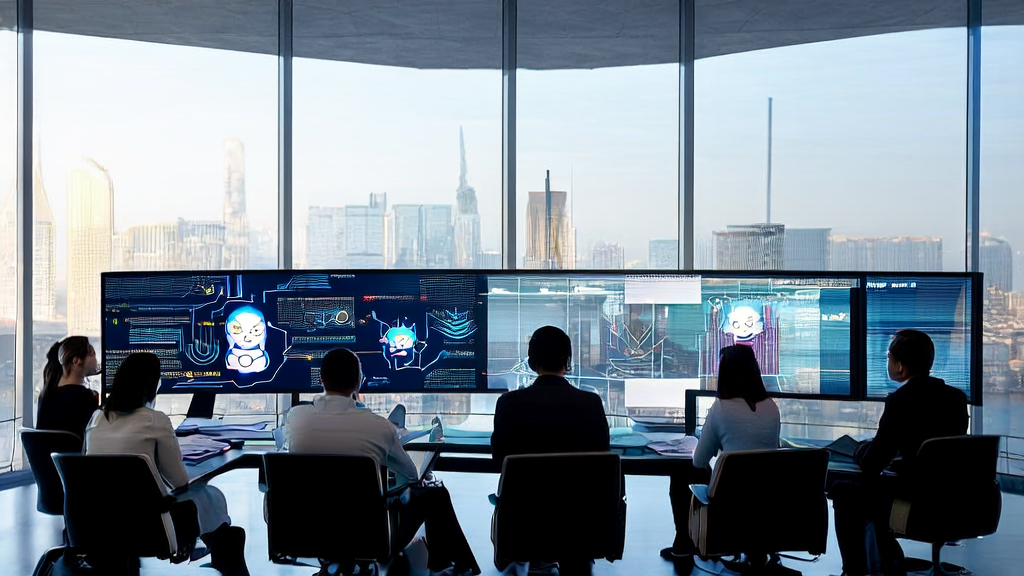 展示了一间现代化办公室内的员工利用AI技术进行高效客户获取的过程