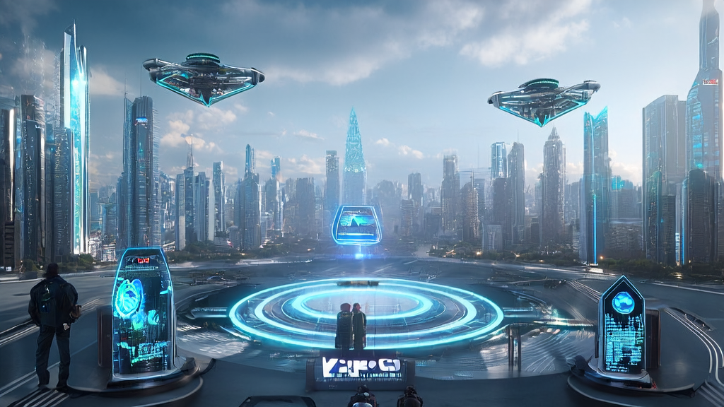 AI-powered acquisition strategies in a futuristic city: Engineers optimize ad placements using smart devices and AI agents to achieve efficient customer acquisition and reduced costs.