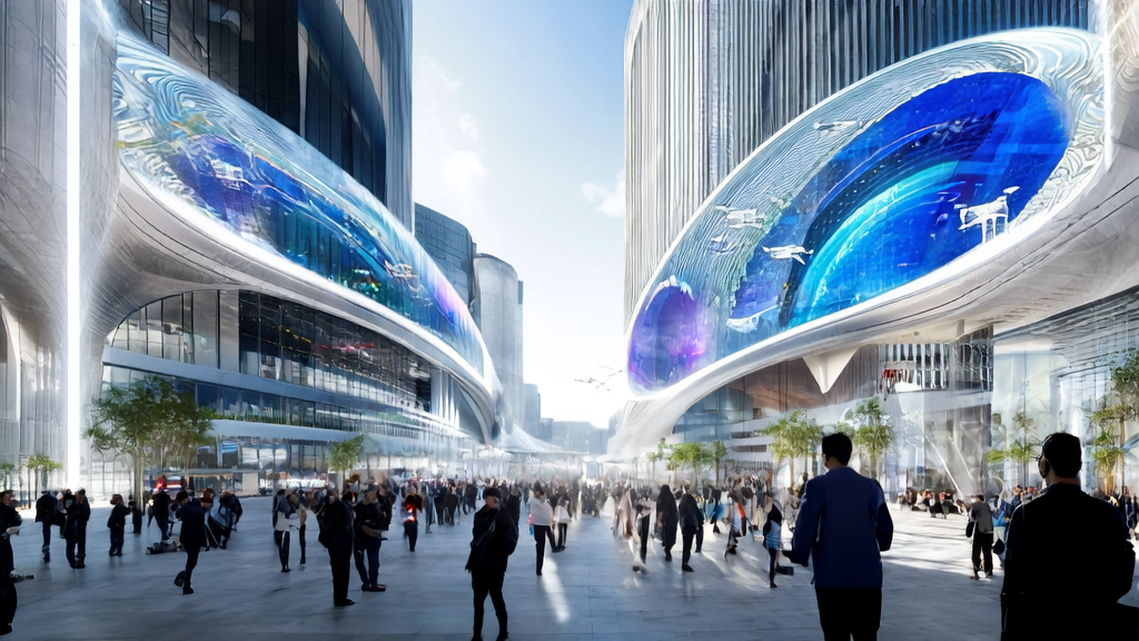 A scene in a future city where AI technology enhances advertising effectiveness and customer experience