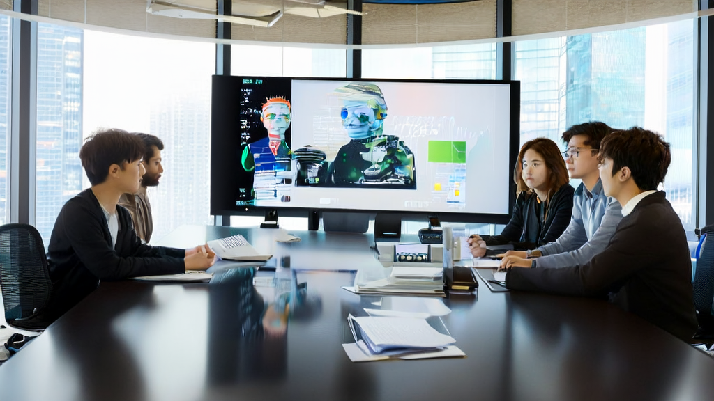 年轻创业者们在现代化办公室中探讨Flowith NEO，背景为繁华城市景象