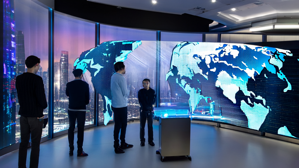 几名创业者在现代化办公室中使用AI技术优化跨境电商获客策略，背景为城市夜景。