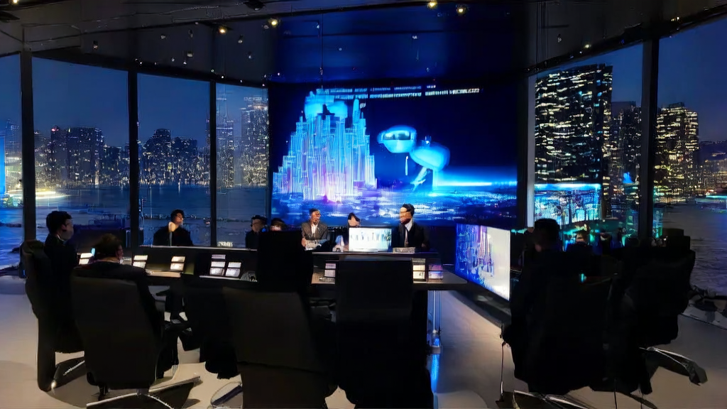 跨境电商企业的CEO在办公室观看由AI数字人生成的高清视频广告，并通过智能机器人助手优化客户获取策略。