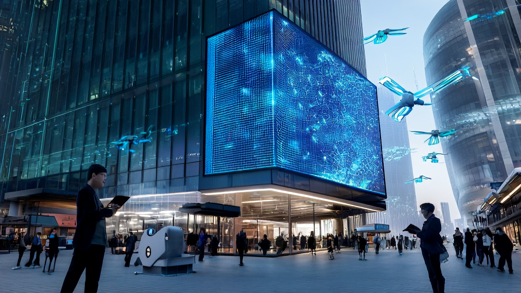 In a futuristic city, an entrepreneur uses AI technology for customer data collection and email marketing, showcasing the new channels of AI-empowered enterprise acquisition.