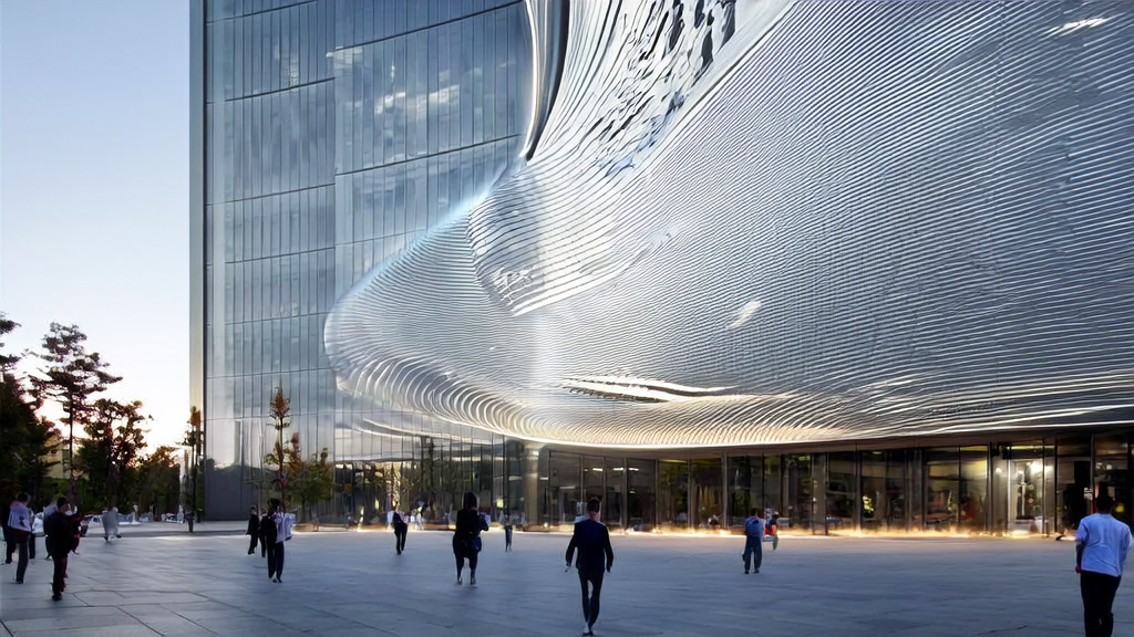Dynamic video generated by VEED Fabric 1.0 displayed in front of a modern office building, attracting passersby