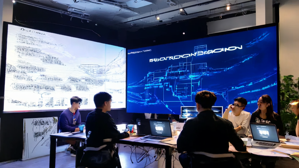 几位创业者在现代化办公室中使用Qwen-Image多图像编辑工具进行电商品牌推广策划