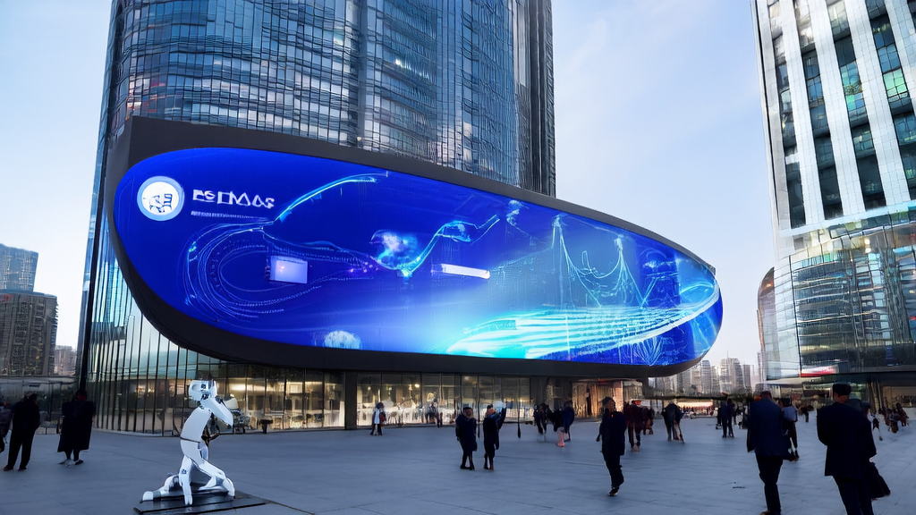 未来科技城市中的办公楼前展示阿里“千问 App”及其AI赋能的制造业客户挖掘功能