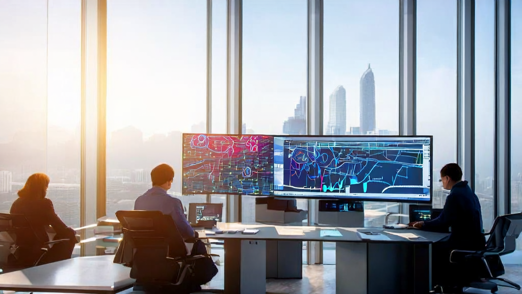 充满现代科技感的办公室中，员工使用阿里云通义灵码进行高效的客户数据管理和分析。