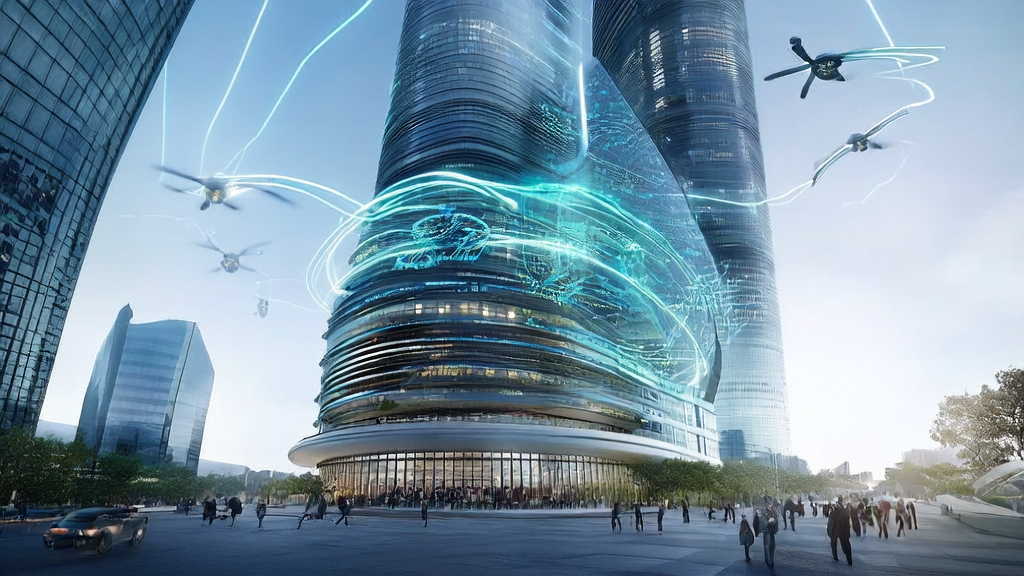 In a futuristic city skyline, a company uses AI prediction models to accurately screen high-quality customers, reducing acquisition costs and improving operational efficiency.
