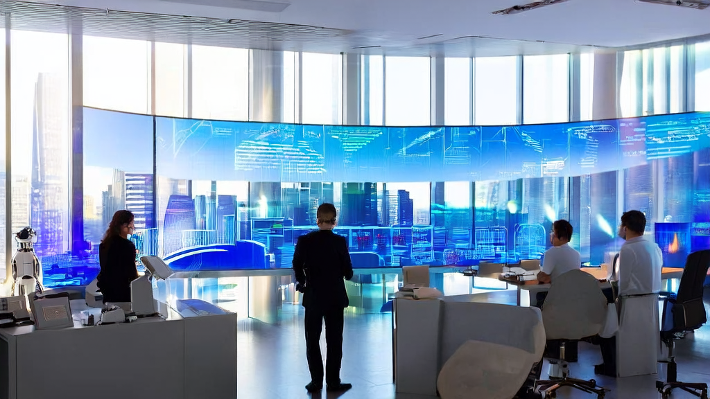 现代化电商办公室内，员工们利用AI技术进行智能营销自动化，展示AI获客过程。