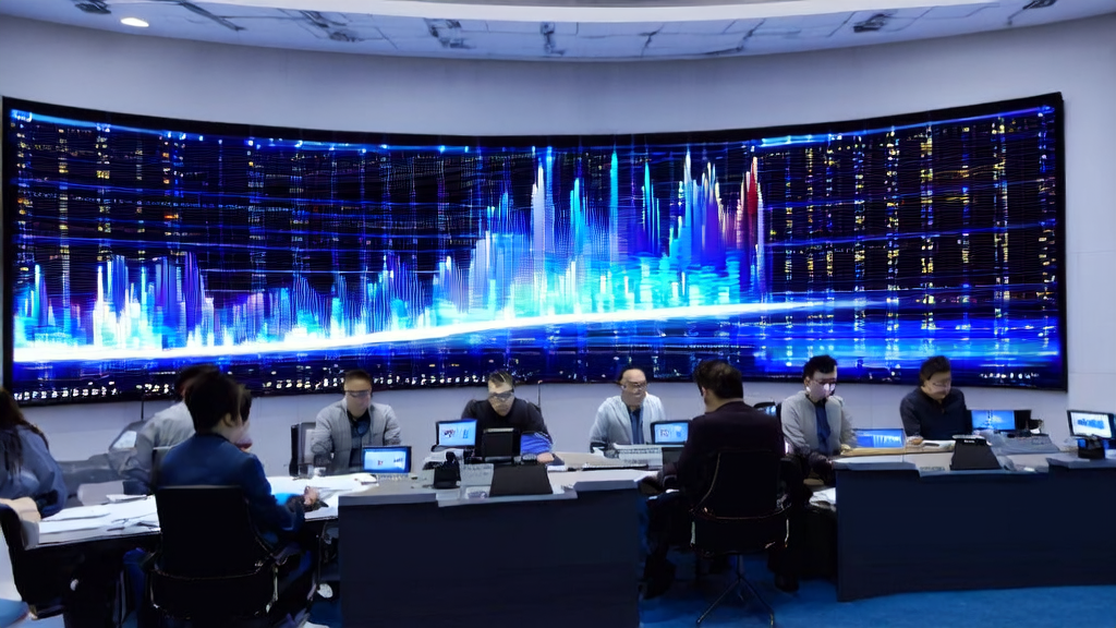 现代化电商运营中心，技术人员监控阿里巴巴Qwen新模型进行客户数据清洗和精准营销