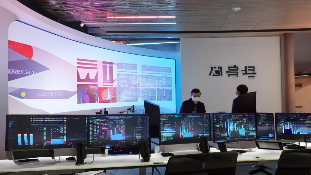 Scene of modern office workers using AI-powered email marketing system, with a poster of Luo Yonghao's digital human live streaming event on the wall