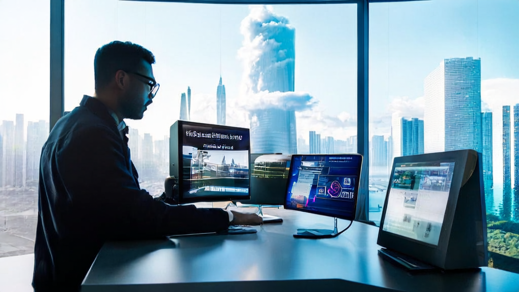 In a high-tech office of a future city, an employee is using AI polishing tools to handle foreign trade emails, with a backdrop of skyscrapers.
