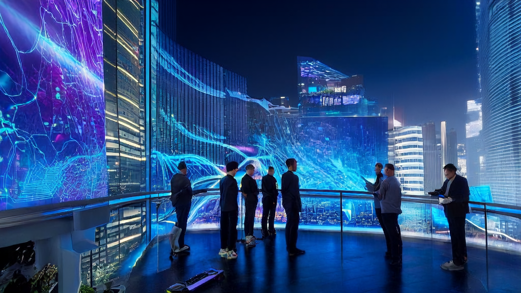 Office scene in a futuristic city showcasing AI browser and predictive models