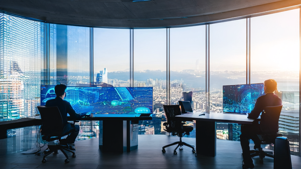 阳光下的现代化独立站办公室,员工们使用AI工具优化网站,提升搜索引擎流量