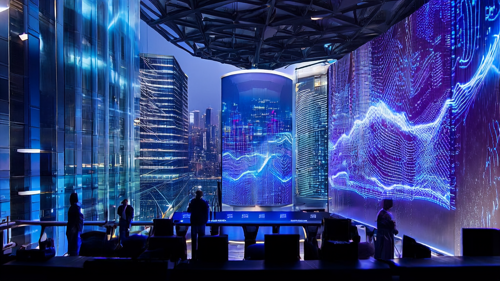 Control room of AI-powered acquisition system in a futuristic city, showcasing precise user profiles and personalized marketing strategies