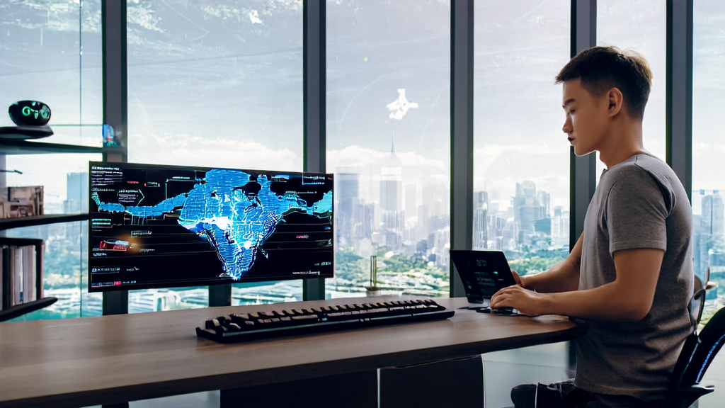 Young entrepreneur using Xi Yu Technology's MiniMax Agent for foreign trade marketing in a modern office space