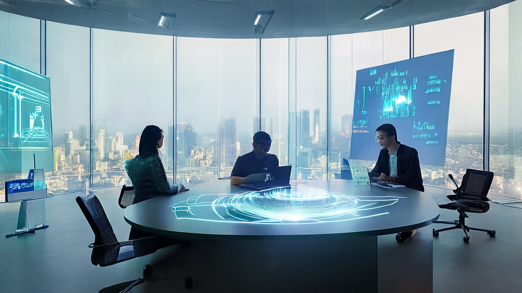 一个充满未来感的办公室场景，展示了使用AI技术进行个性化营销的环境