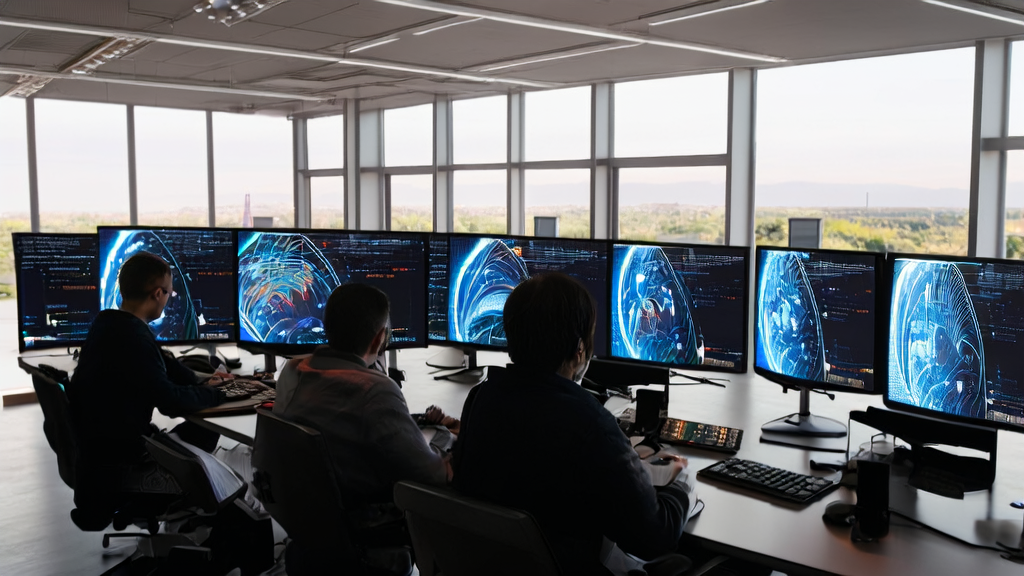 阳光照耀下的现代化办公环境，开发者们使用GitHub Copilot CLI进行高效编码，智能机器人在后台分析数据