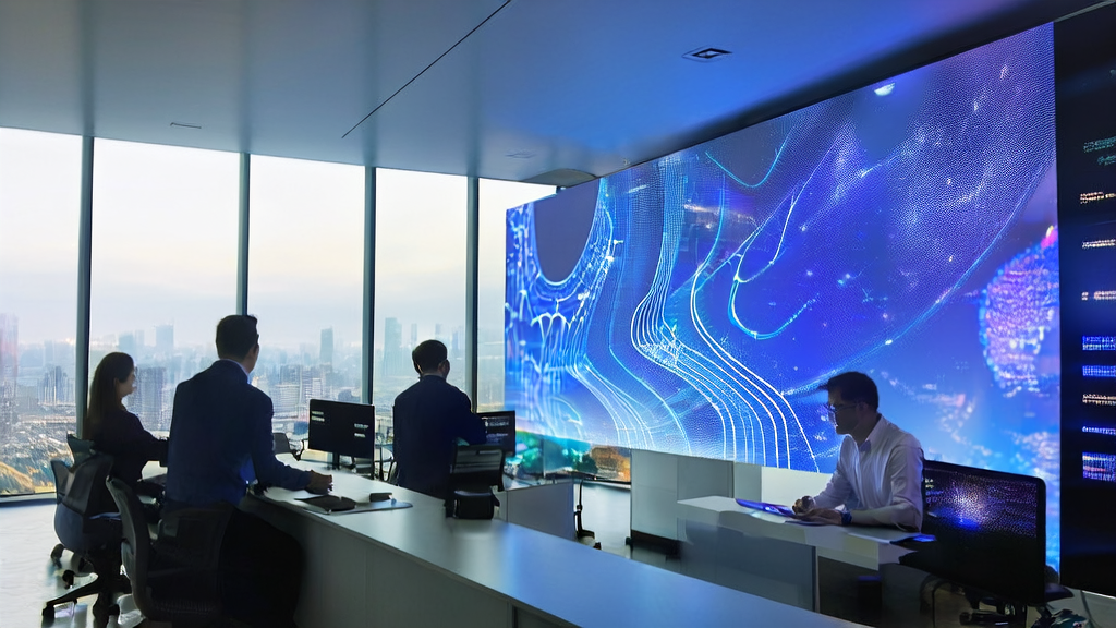 一间充满科技感的现代办公室,员工们正在讨论AI客户预测模型和个性化邮件营销策略。