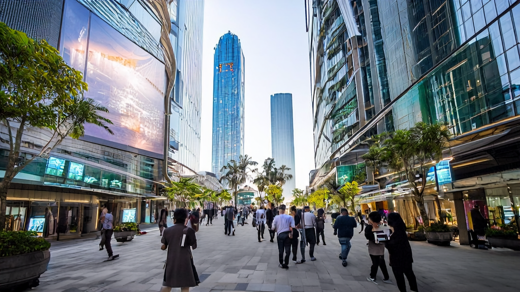 A modern street in Southeast Asia where a tech company showcases AI applications for outbound marketing, drawing attention from passersby.