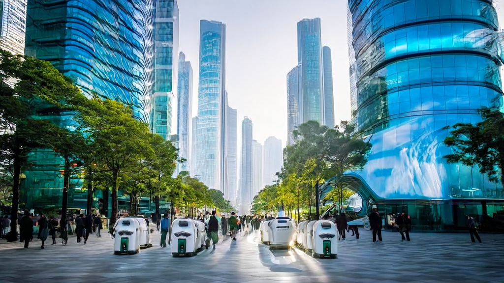 A futuristic city scene showcasing AI-empowered overseas marketing, featuring intelligent robots, digital billboards, and landmark buildings of Anhui Province.