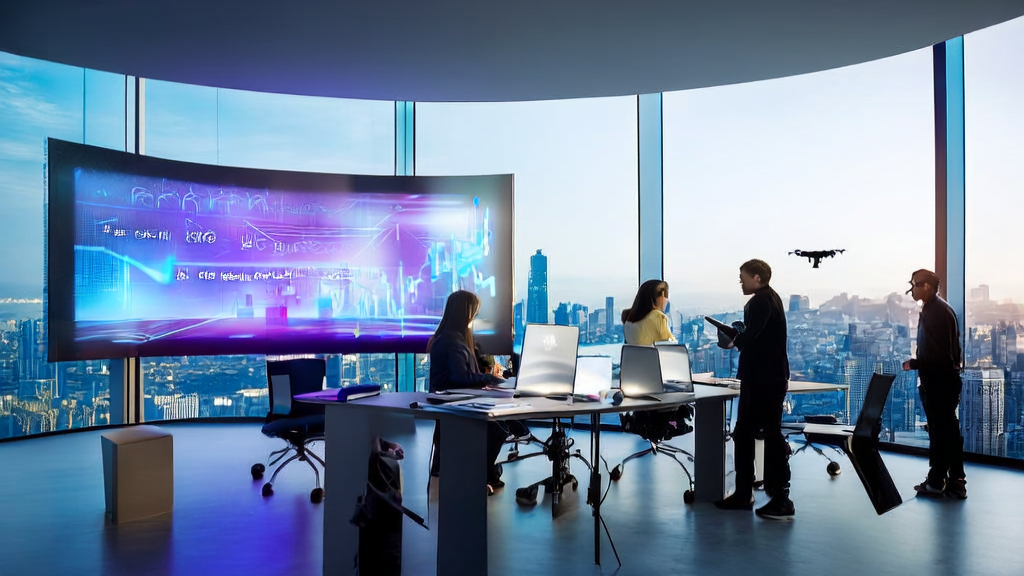 A modern office bathed in sunlight, where programmers are discussing AI-driven personalized email marketing strategies.