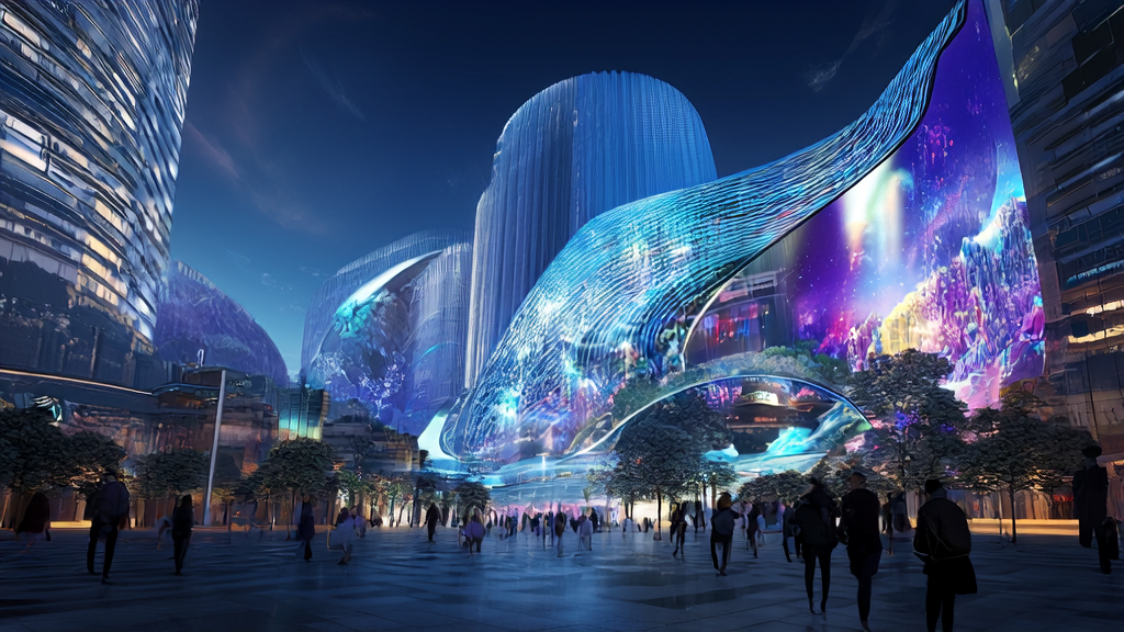 AI-empowered personalized marketing and keyword optimization, showcasing 3D holographic ads and immersive shopping experiences in a futuristic city