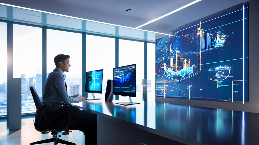 The secret weapon of AI-empowered personalized marketing to boost conversion rates: a futuristic office scene showcasing intelligent algorithms, user profiles, and recommendation systems