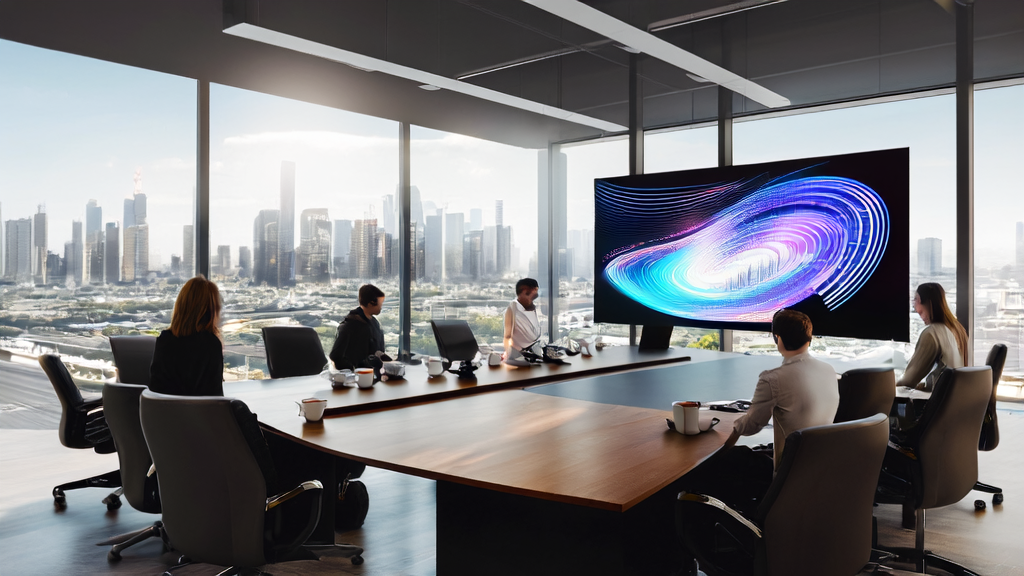A modern office where a team is discussing AI-powered personalized marketing strategies, with a data flow diagram on the wall showing the process from user behavior analysis to personalized recommendations.