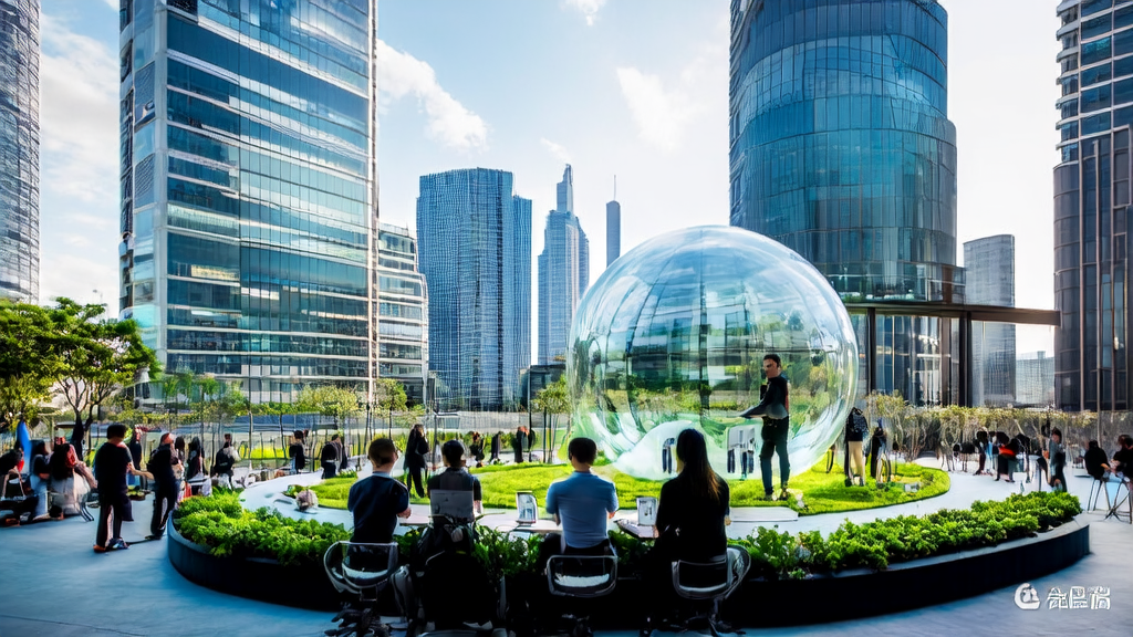 Entrepreneurs in Shenzhen's tech park discussing the application of AI technology in export customer acquisition, with a large transparent sphere and a scrolling news screen in the background.