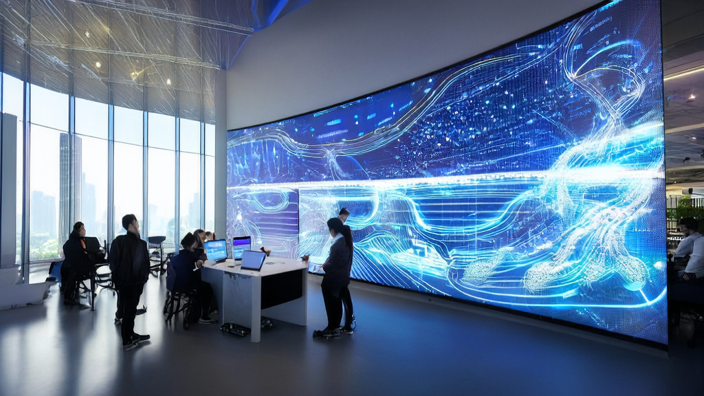 未来办公室内，年轻创业者们利用AI客户预测模型和个性化邮件营销进行精准获客