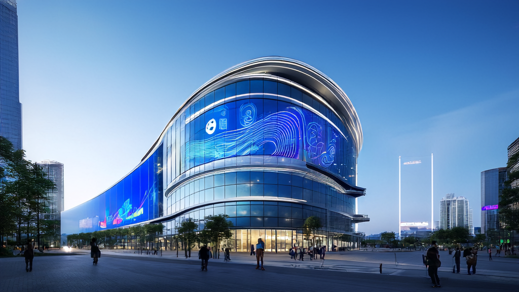 未来科技城市的现代化办公楼展示美团NoCode工具，帮助SaaS企业实现海外冷启动和精准获客。