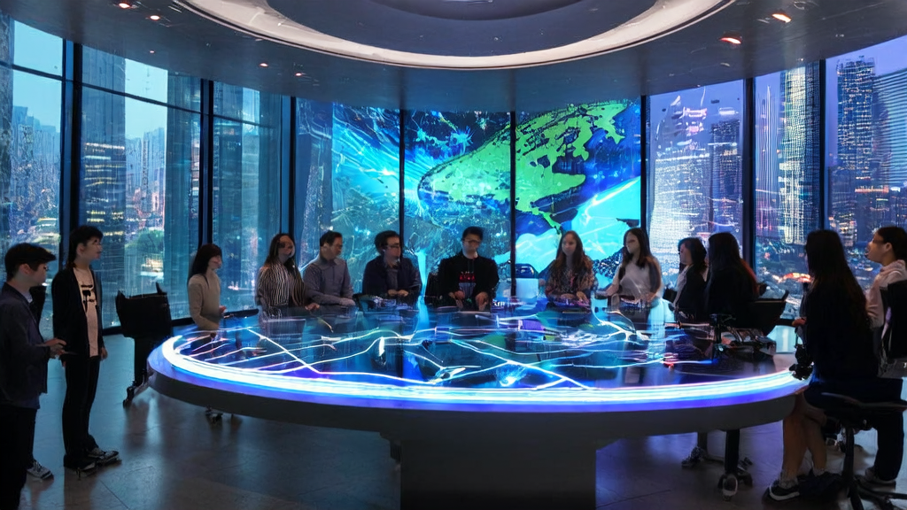 Young entrepreneurs in a futuristic city using AI technology for efficient customer acquisition and precise marketing