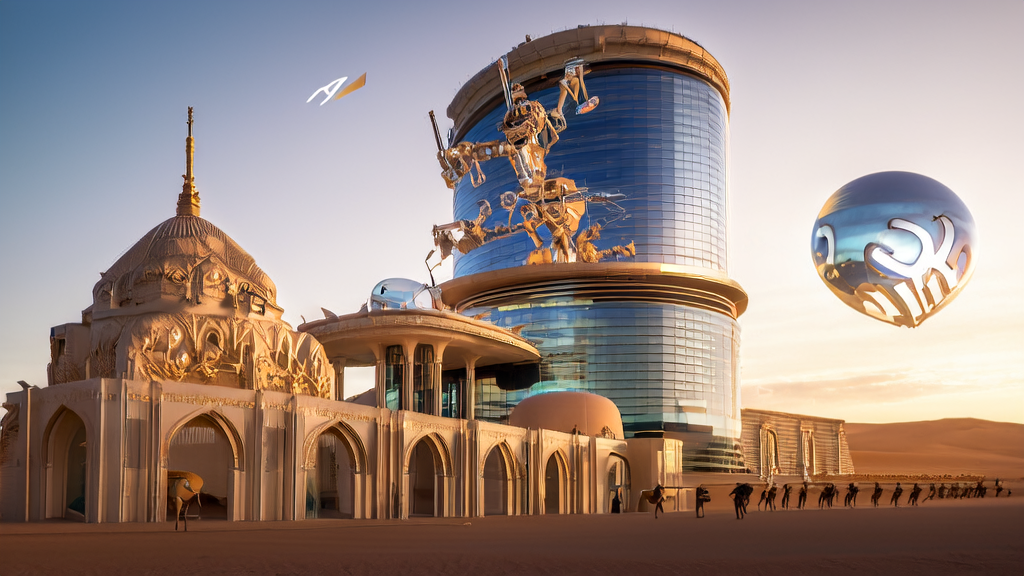 AI Empowering Enterprise Export: New Opportunities in the Middle East, modern office building and traditional Arabic architecture against the backdrop of a desert sunset