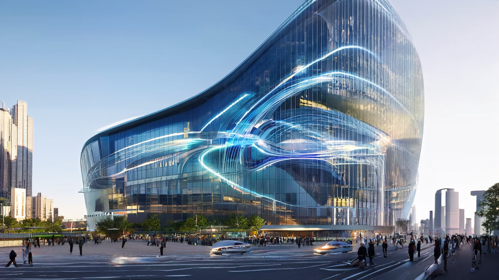 In a futuristic city, engineers are discussing AI-driven customer acquisition solutions, showcasing the importance of AI technology in business.