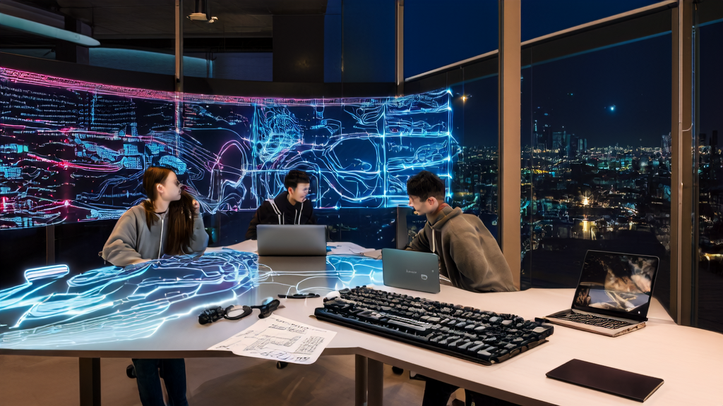 In a modern office at night, programmers are using AI technology for customer data collection and analysis