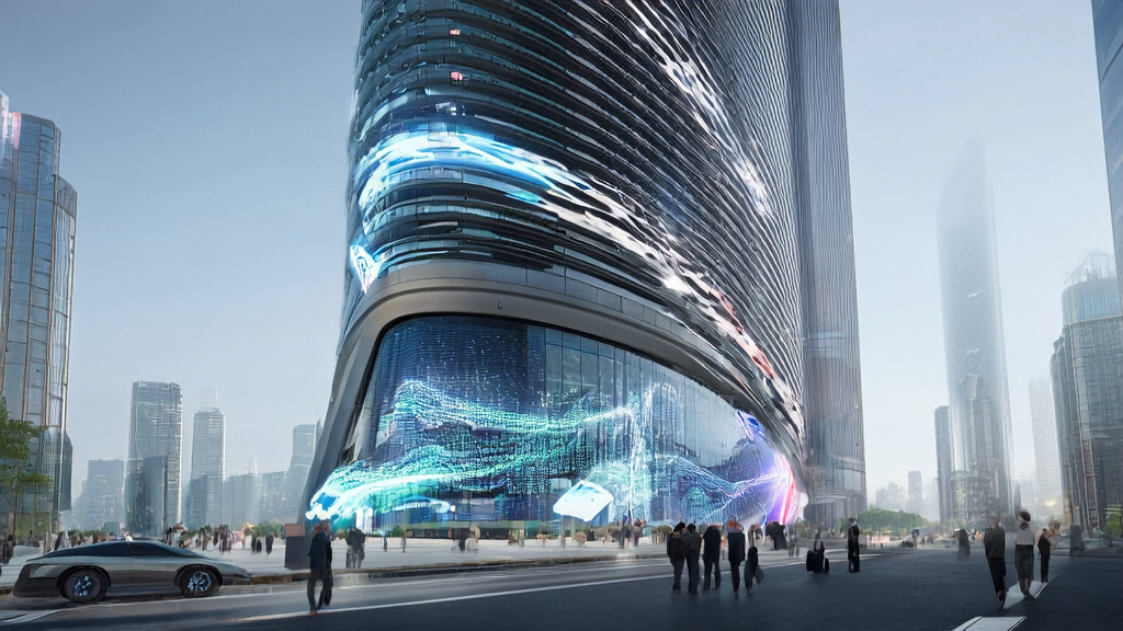 A futuristic city skyline showcasing AI technology in customer acquisition and data cleansing, along with the new AI writing feature of Microsoft Notepad.