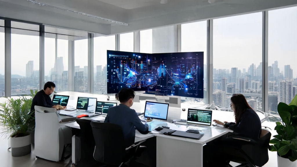 展示现代办公室中员工利用AI技术进行高效获客和数据分析的场景