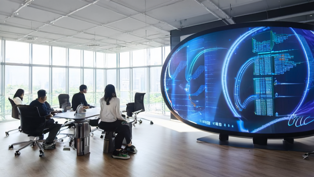 Young entrepreneurs using Alibaba's "88 Check" App for AI-optimized ad placement in an office setting