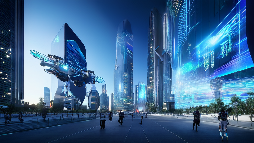 A futuristic city scene showcasing AI-enabled business acquisition technologies, demonstrating how modern companies use AI to enhance customer acquisition efficiency.