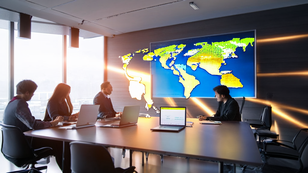 Professionals in a meeting room discussing AI-driven customer acquisition systems and strategies for cross-border commerce