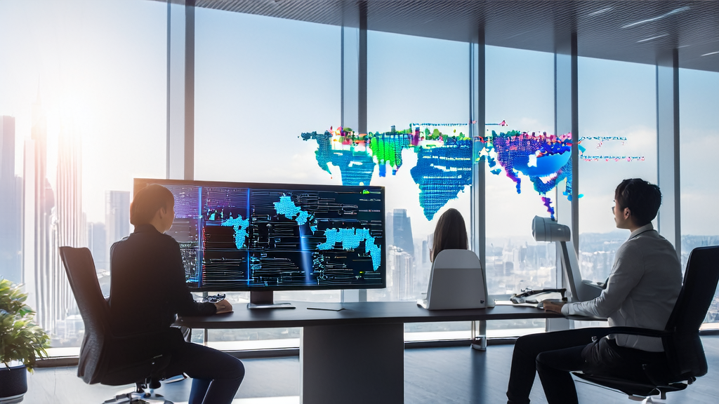 Sunlit modern office space where young entrepreneurs are optimizing cross-border e-commerce strategies using AI technology