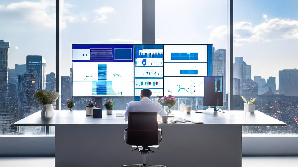 A sunny morning with a cross-border e-commerce entrepreneur using AI tools for automated email marketing in a modern office