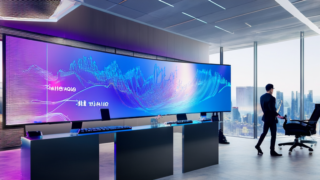 A modern e-commerce office where employees are utilizing AI technology to analyze data and boost sales, with a bustling city view outside the window.