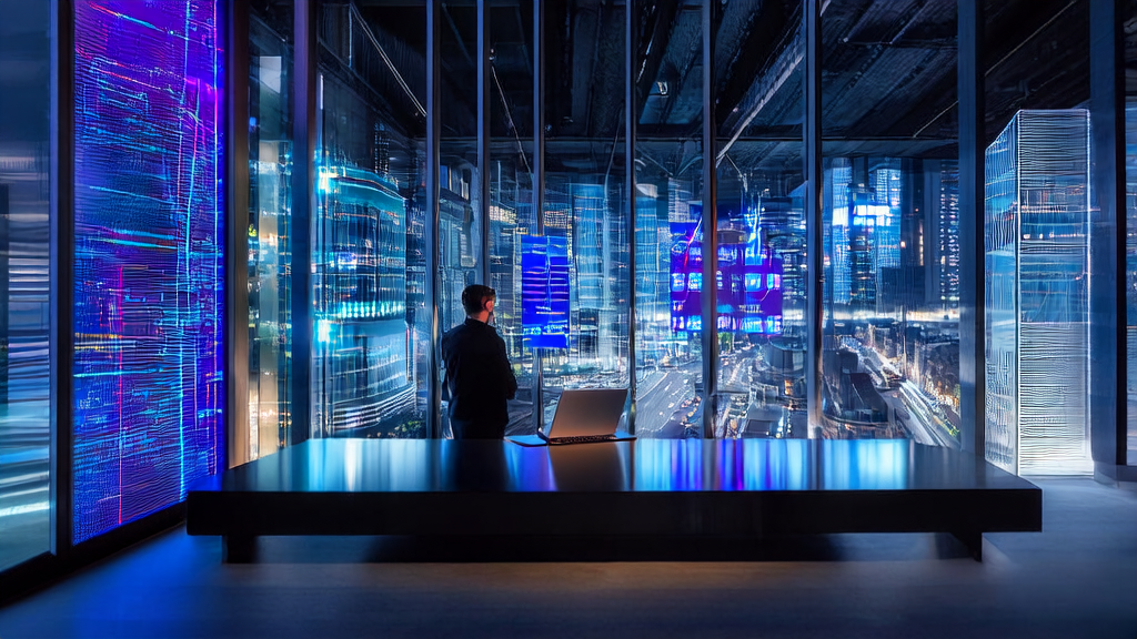 An entrepreneur using AI software for customer acquisition in a modern office, with city skyline and EU flag in the background.
