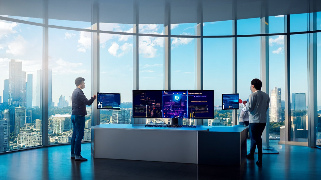 Depicts an interior of a tech company where developers are discussing AI-driven customer acquisition solutions, with the city skyline in the background.