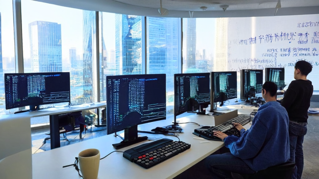 现代化办公室中程序员们使用Grok Code Fast 1进行高效编程，提升客户数据采集与精准营销的效果。