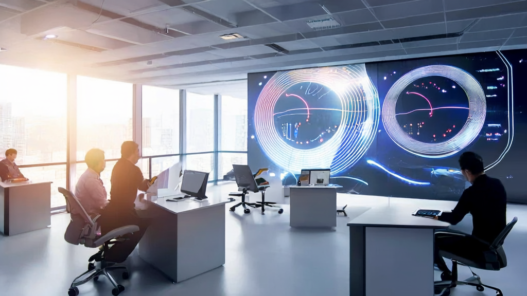 Employees in a modern office using AI technology for e-commerce marketing analysis to enhance customer acquisition efficiency