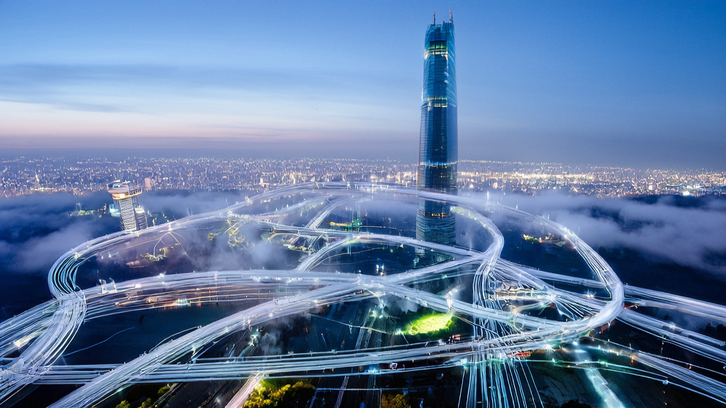 未来科技城市中的独立站大厦,AI机器人忙碌工作,优化关键词和生成内容,预示2025年AI赋能跨境电商新时代。